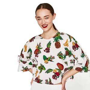 ZARA Basic Crop Top White w/Fruit Cotton Sequins 3/4 Bell Sleeve Medium Tropical